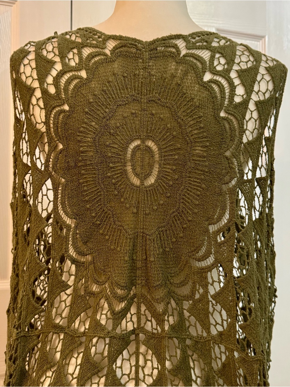 Boho Olive Crochet Openwork Poncho Shrug